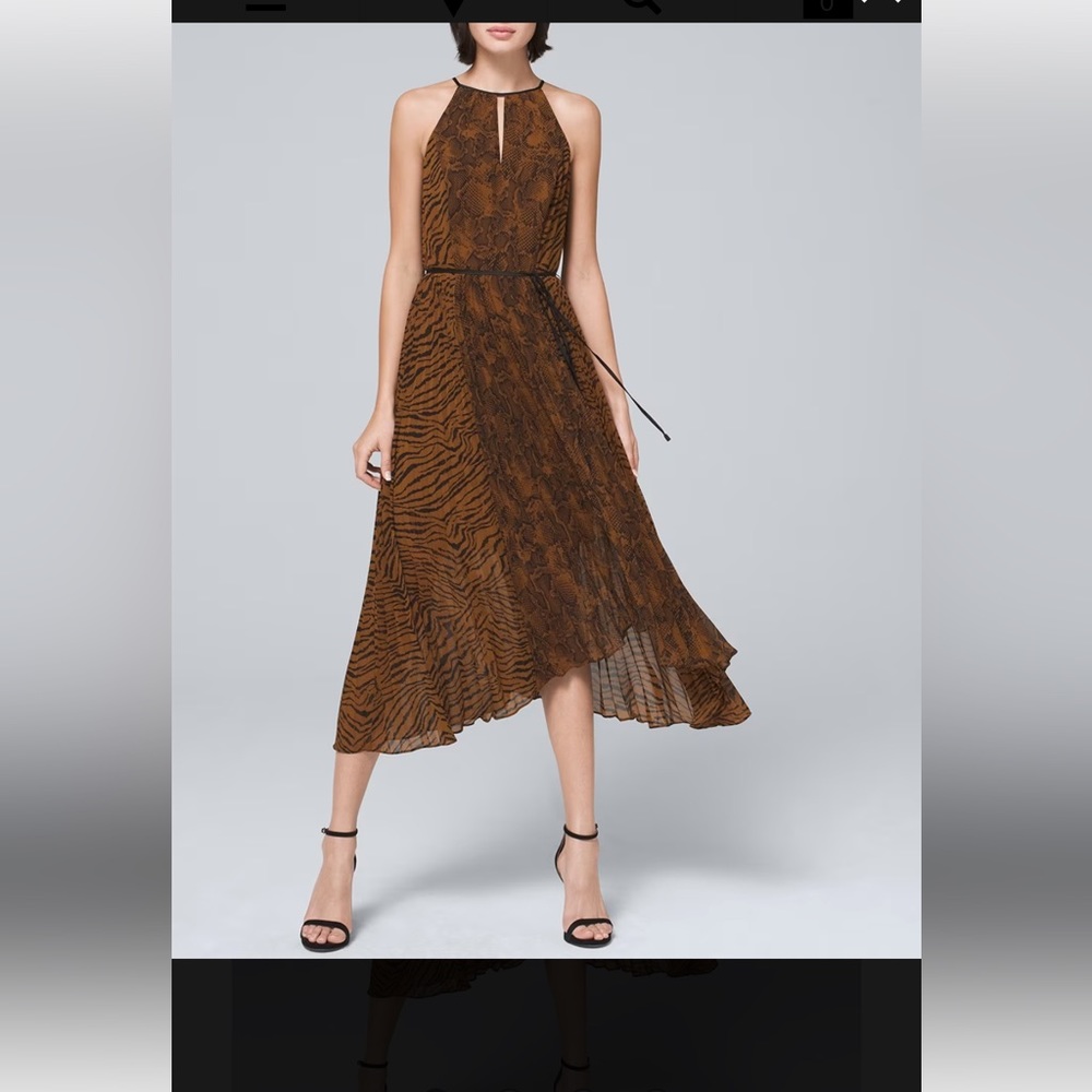 White House Black Market Animal Print Pleated halter Dress Women Size 2 P brown